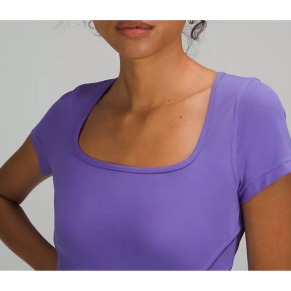 Lululemon Size 10 Square Neck Mesh Nulu Yoga T Shirt Cropped Tee Charged Indigo - Picture 6 of 7
